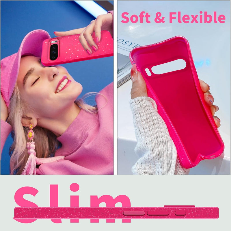 for Google Pixel 10 Pro XL Case Pink, Glitter Bling Phone Case for Women Girls Girly, Cute Sparkly Neon Bright Color, Soft TPU Phone Case for Google Pixel 10 Pro XL 6.8 inch, Hot Pink