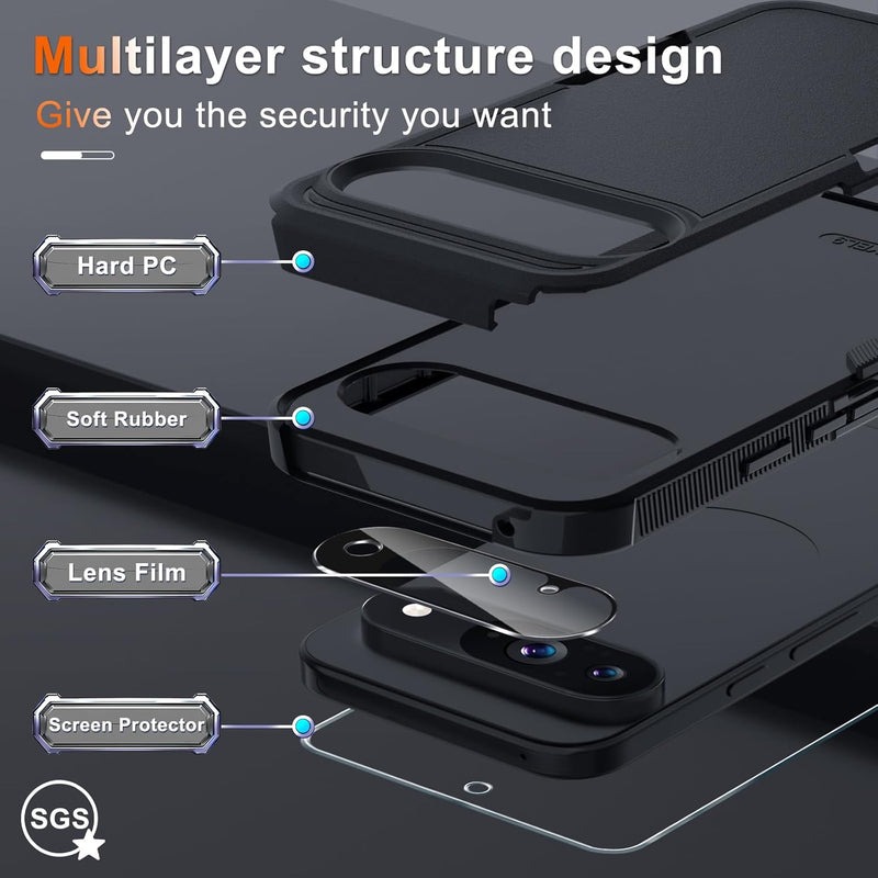 for Google Pixel 10 Pro XL Case with Wrist Lanyard Strap+Tempered Glass Screen Protector+Camera Lens Cover,Full Body Heavy Duty Rugged Shockproof Protective Phone Cover,Black Matte