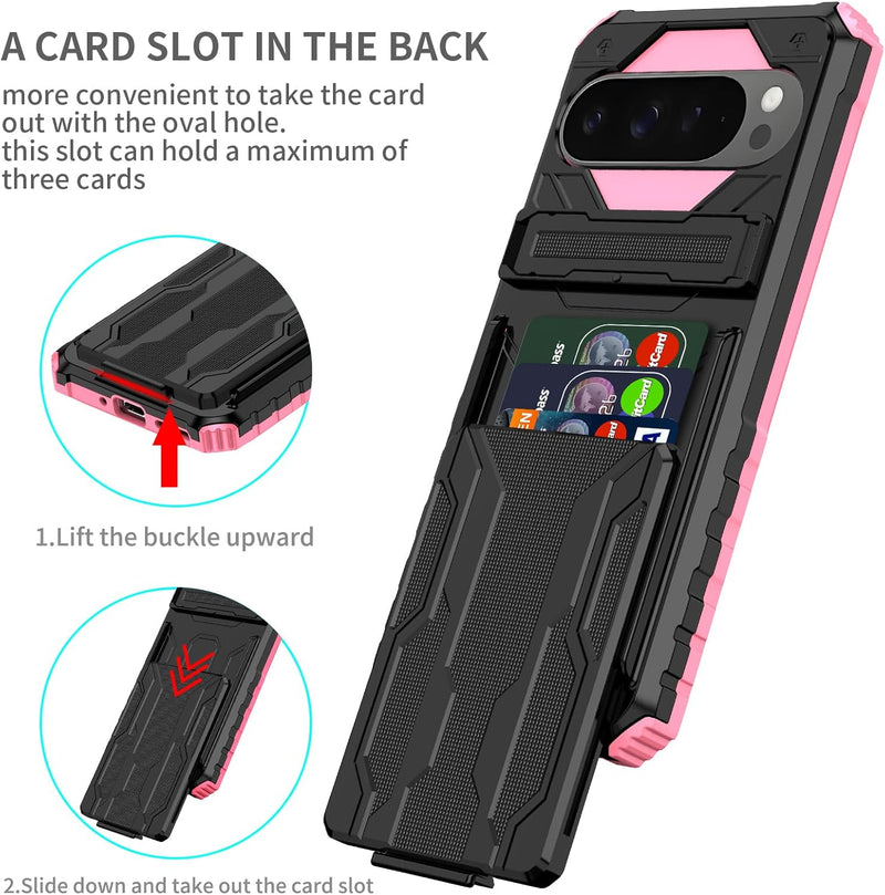 for Google Pixel 9 Pro XL & Pixel 10 Pro XL Wallet Case with Credit Card Holder Stand Kickstand Slim Rugged Shockproof Heavy Duty Defender Armor 【Military Grade】 Protective Phone Case - Pink