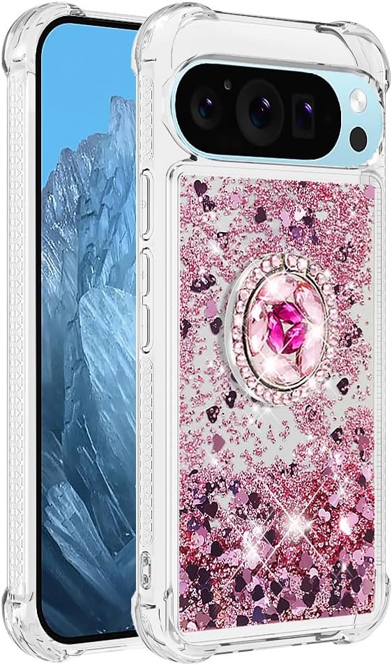 Liquid Quicksand Case for Google Pixel 10 Pro XL with Diamond Kickstand, Luxury Glitter Sparkle Flowing Bling Shockproof Protection Fun Cover for Google Pixel 10 Pro XL LSZ-Pink