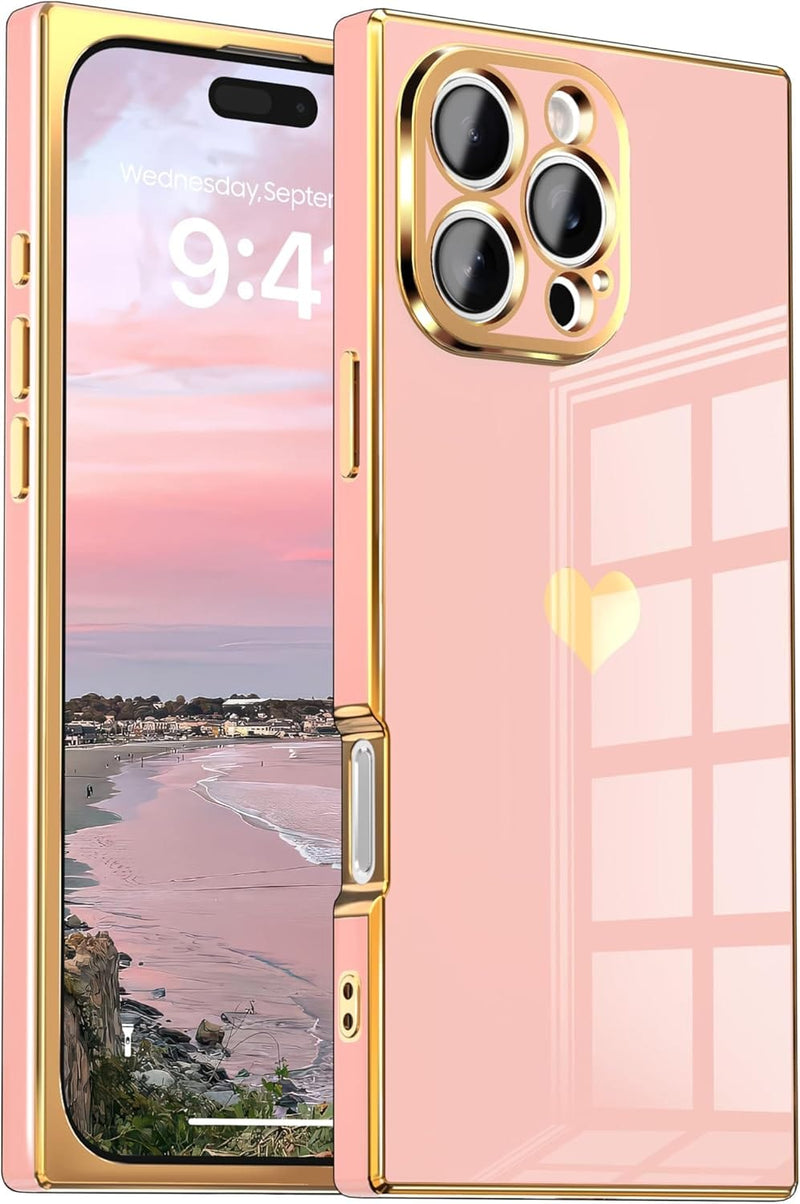 Case for iPhone 17 Pro Max - Rectangle Design, Full Camera Protection, Cute Heart Pattern, Electroplated Reinforced Corners, Shockproof Edge Bumper,Compatible with iPhone 17 Pro Max,Pink