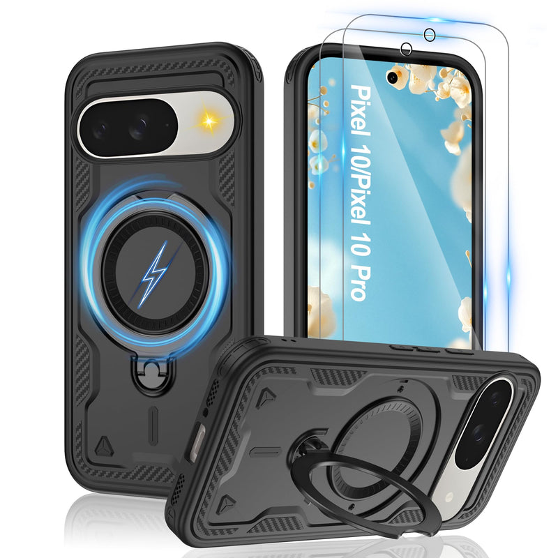 Gritup for Google Pixel 10 Pro XL Case：Compatible with MagSafe | with HD Screen Protector×2 | Metal Rotated Kickstand | Military Grade Drop Proof Protective | Anti-Fingerprint,Black