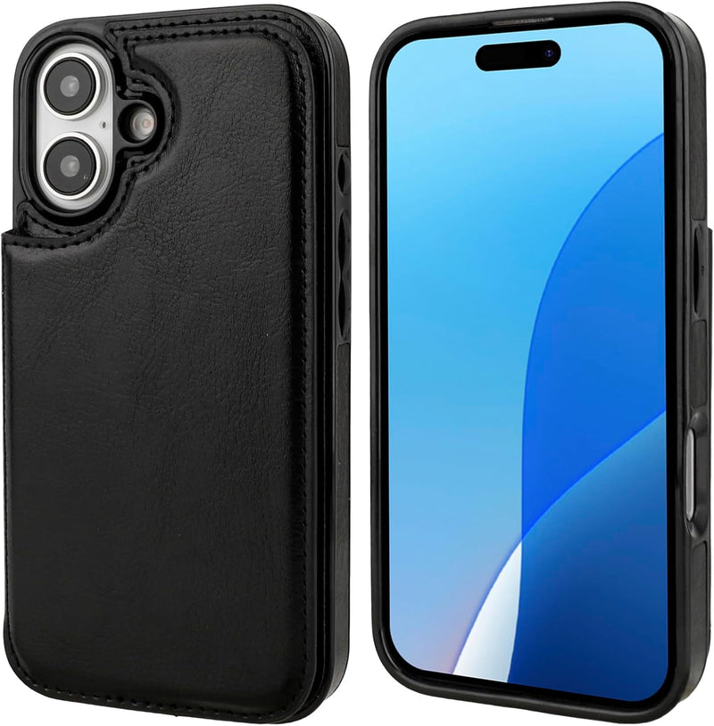 iPhone 16 Wallet Case with Card Holder PU Leather Kickstand Card Slots Case Black - Gorilla Cases