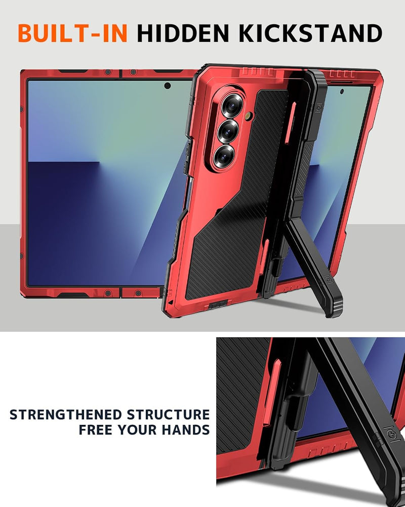 NINKI for Z Fold 7 Case with S Pen Holder & Kickstand, Metal Silicone Hinge Cover for Samsung Galaxy Z Fold 7 Case with Screen Protector, Rugged Protective Galaxy Fold7 5G Phone Cover with Stand - Red
