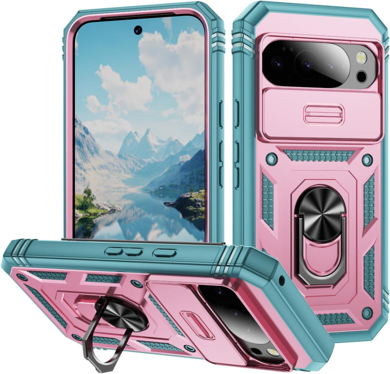 Lunivop Compatible with Google Pixel 10 Pro XL Case 360° Metal Rotated Ring Holder Magnetic Kickstand【Camera Protection】 Military - Grade Heavy Duty for Pixel 10 Pro XL Phone Case 2025 Pink Green