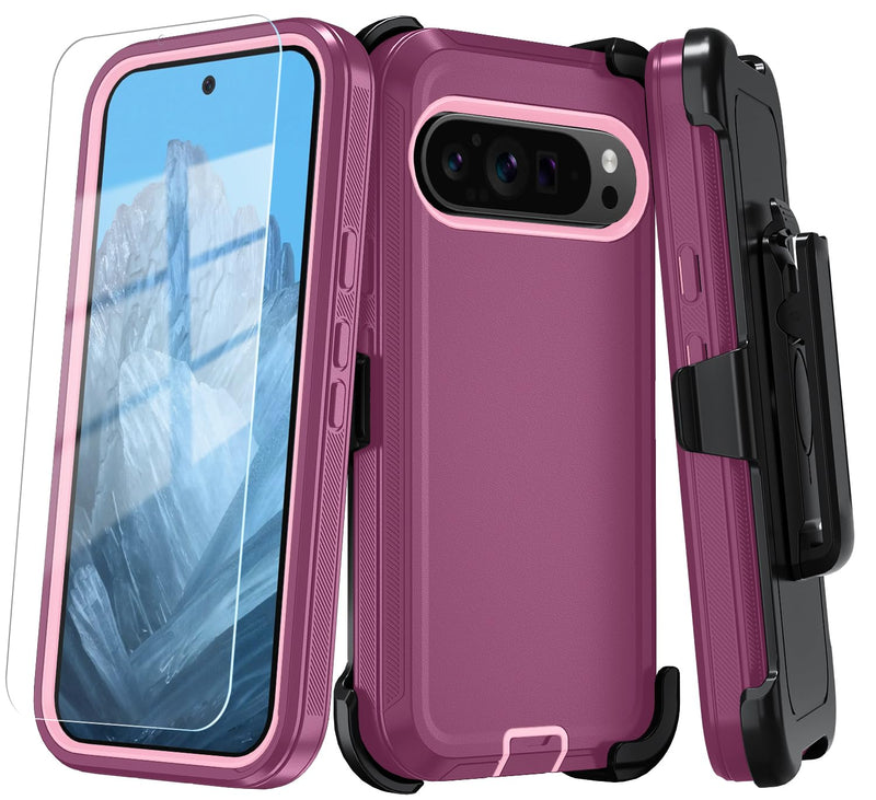 Qinmay Phone Case for Google Pixel 10 Pro XL Case with HD Screen Protector, Heavy Duty Shockproof & Dropproof 3-Layer Cover Phone Case (WineRedPink, for Pixel 10 Pro XL)