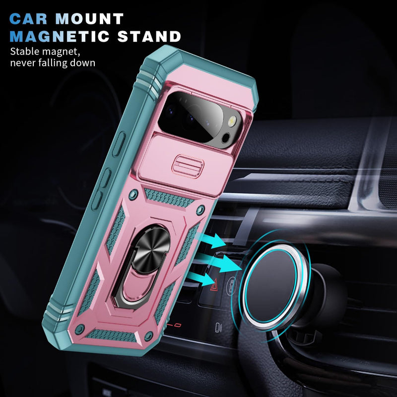 Lunivop Compatible with Google Pixel 10 Pro XL Case 360° Metal Rotated Ring Holder Magnetic Kickstand【Camera Protection】 Military - Grade Heavy Duty for Pixel 10 Pro XL Phone Case 2025 Pink Green