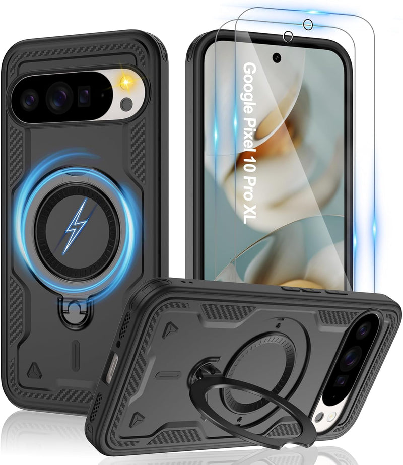 Gritup for Google Pixel 10 Pro XL Case：Compatible with MagSafe | with HD Screen Protector×2 | Metal Rotated Kickstand | Military Grade Drop Proof Protective | Anti-Fingerprint,Black