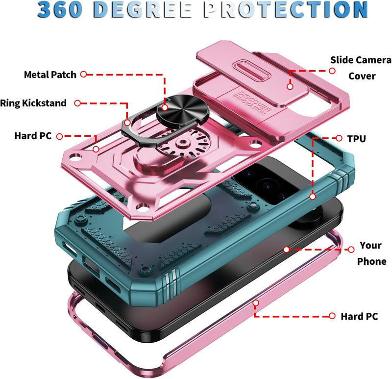 Lunivop Compatible with Google Pixel 10 Pro XL Case 360° Metal Rotated Ring Holder Magnetic Kickstand【Camera Protection】 Military - Grade Heavy Duty for Pixel 10 Pro XL Phone Case 2025 Pink Green