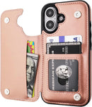 iPhone 16 Wallet Case with Card Holder PU Leather Kickstand Card Slots Case Black