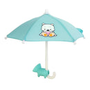 Phone Umbrella Sun Shade with Suction Cup Stand open on its silicone stand in blue