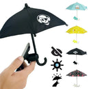 Phone umbrella sun shade canopy and stand shown at scale next to a phone