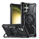 Galaxy S23 Ultra ring holder kickstand case in black with metal ring stand folded out