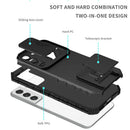 Galaxy S22 kickstand case exploded view of hard PC shell, sliding lens cover and stand