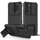Galaxy S22 kickstand lens shield case in black, front and back view with telescopic stand extended