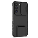 Galaxy S22 kickstand case black rear shell showing sliding camera lens shield closed