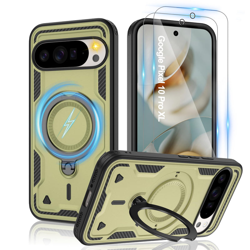 Gritup for Google Pixel 10 Pro XL Case：Compatible with MagSafe | with HD Screen Protector×2 | Metal Rotated Kickstand | Military Grade Drop Proof Protective | Anti-Fingerprint,Black