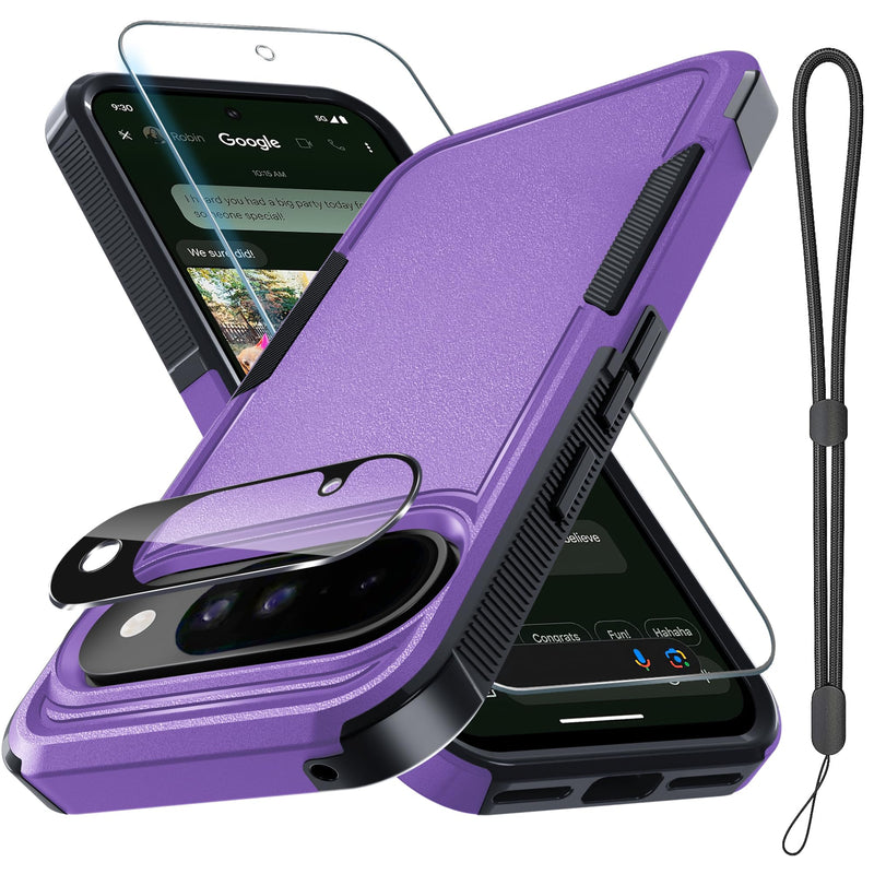 for Google Pixel 10 Pro XL Case with Wrist Lanyard Strap+Tempered Glass Screen Protector+Camera Lens Cover,Full Body Heavy Duty Rugged Shockproof Protective Phone Cover,Black Matte