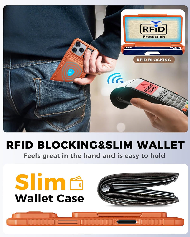 for iPhone 17 Pro Max Case Wallet, Built-in RFID Blocking Card Holder (4-5 Cards), Camera Control Button, Slide Camera Cover, Shockproof Rugged Silicone Phone Case for iPhone 17 Pro Max, Orange