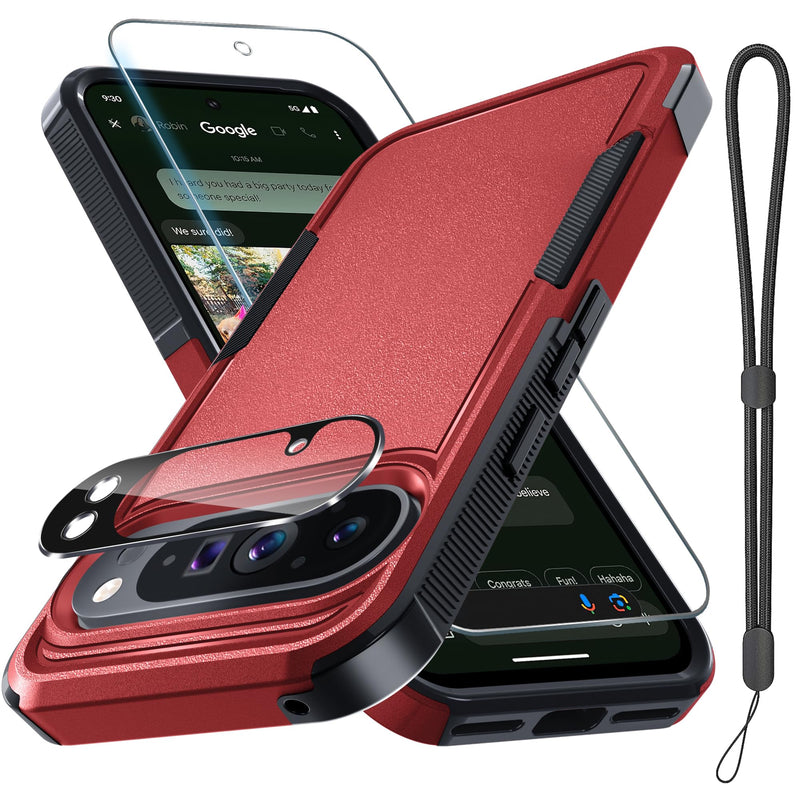 for Google Pixel 10 Pro XL Case with Wrist Lanyard Strap+Tempered Glass Screen Protector+Camera Lens Cover,Full Body Heavy Duty Rugged Shockproof Protective Phone Cover,Black Matte