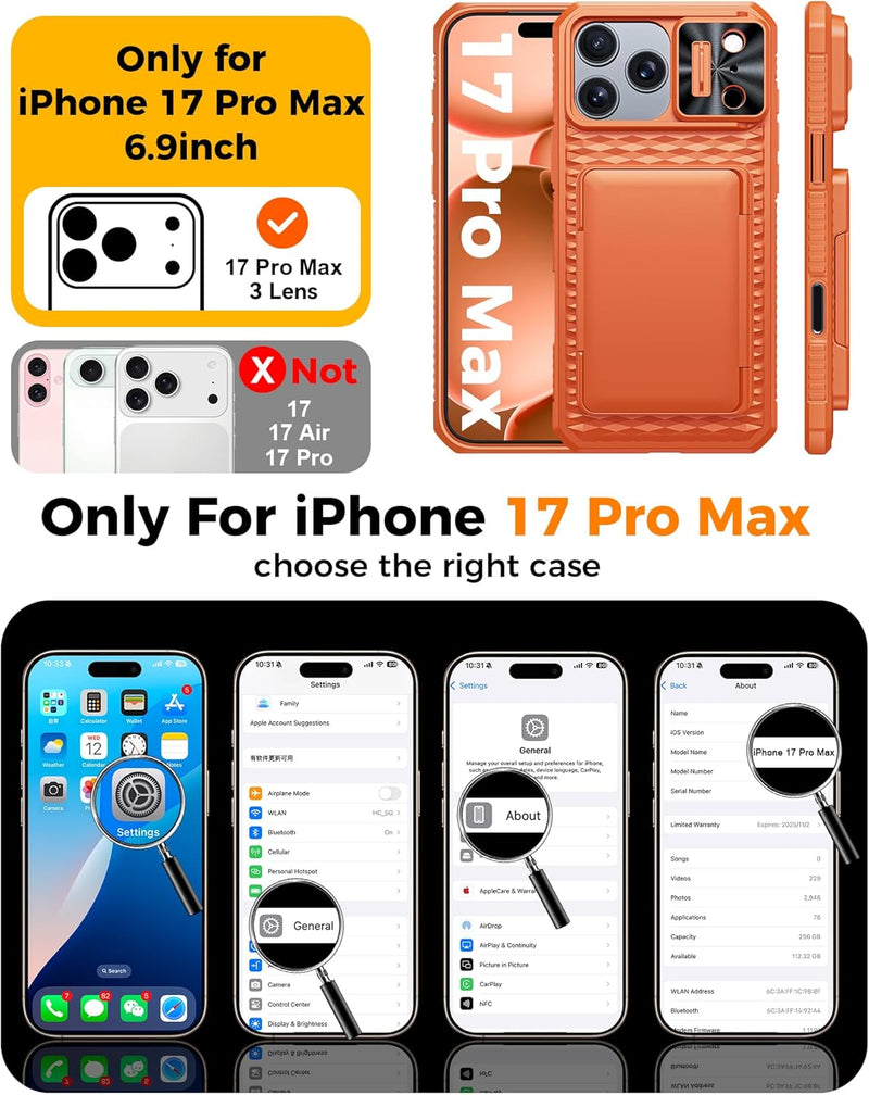 for iPhone 17 Pro Max Case Wallet, Built-in RFID Blocking Card Holder (4-5 Cards), Camera Control Button, Slide Camera Cover, Shockproof Rugged Silicone Phone Case for iPhone 17 Pro Max, Orange