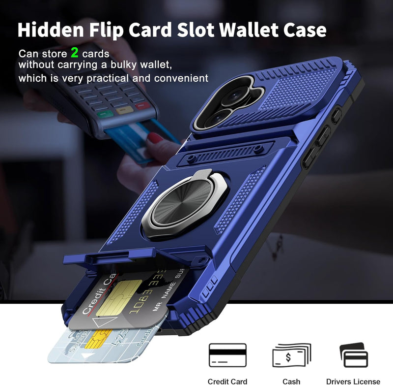 iPhone 16 Wallet Case Card Holder Store 2 Cards 360° Rotated Ring Stand Dual Layer Protection Wallet Phone Case Blue - Gorilla Cases