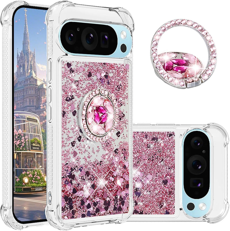 Liquid Quicksand Case for Google Pixel 10 Pro XL with Diamond Kickstand, Luxury Glitter Sparkle Flowing Bling Shockproof Protection Fun Cover for Google Pixel 10 Pro XL LSZ-Pink