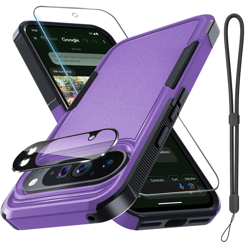 for Google Pixel 10 Pro XL Case with Wrist Lanyard Strap+Tempered Glass Screen Protector+Camera Lens Cover,Full Body Heavy Duty Rugged Shockproof Protective Phone Cover,Black Matte