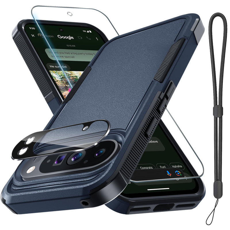for Google Pixel 10 Pro XL Case with Wrist Lanyard Strap+Tempered Glass Screen Protector+Camera Lens Cover,Full Body Heavy Duty Rugged Shockproof Protective Phone Cover,Black Matte