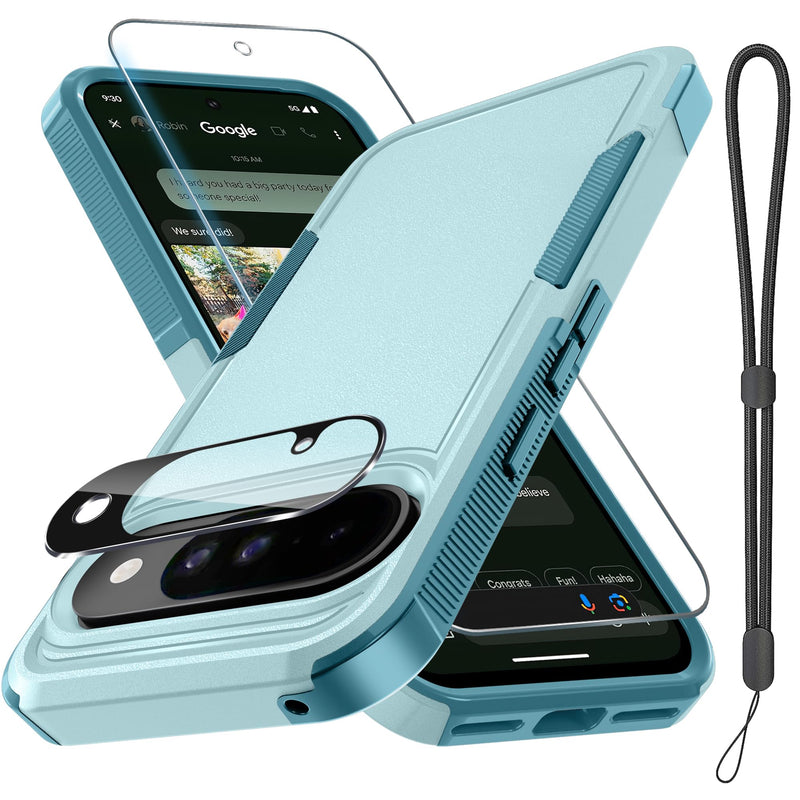 for Google Pixel 10 Pro XL Case with Wrist Lanyard Strap+Tempered Glass Screen Protector+Camera Lens Cover,Full Body Heavy Duty Rugged Shockproof Protective Phone Cover,Black Matte