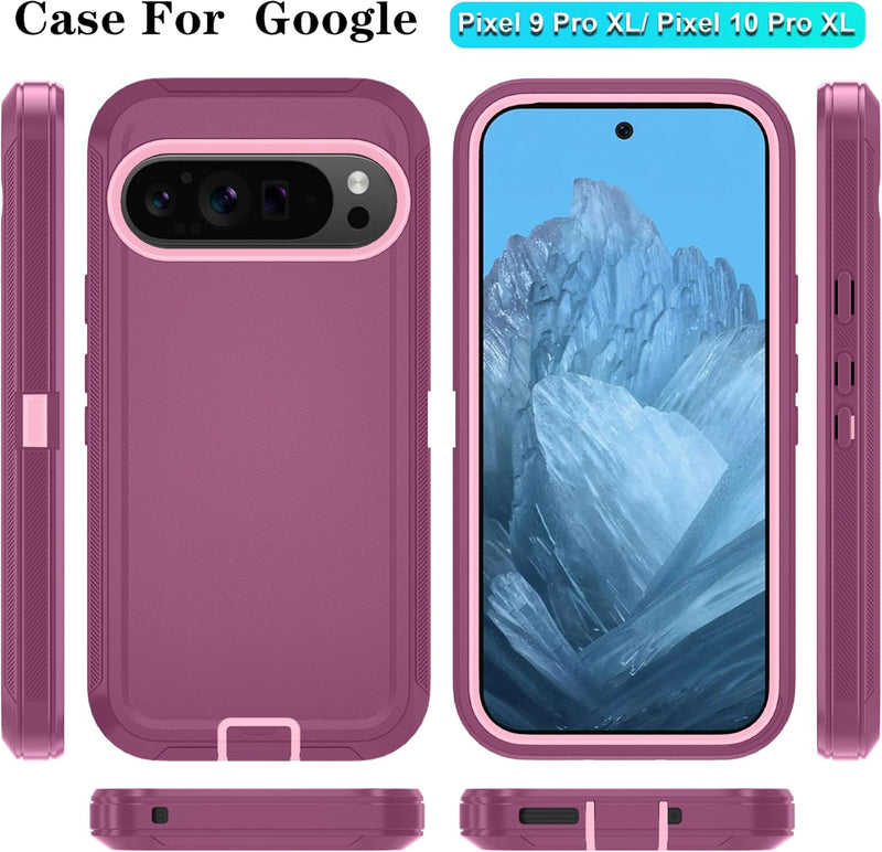 Qinmay Phone Case for Google Pixel 10 Pro XL Case with HD Screen Protector, Heavy Duty Shockproof & Dropproof 3-Layer Cover Phone Case (WineRedPink, for Pixel 10 Pro XL)