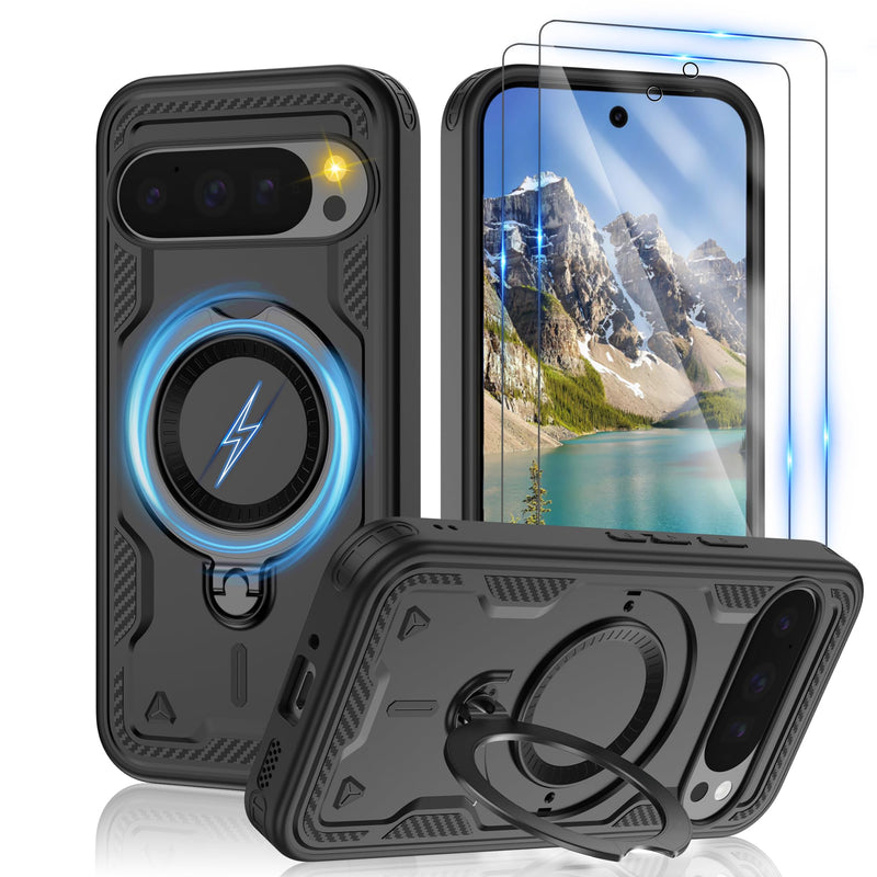 Gritup for Google Pixel 10 Pro XL Case：Compatible with MagSafe | with HD Screen Protector×2 | Metal Rotated Kickstand | Military Grade Drop Proof Protective | Anti-Fingerprint,Black