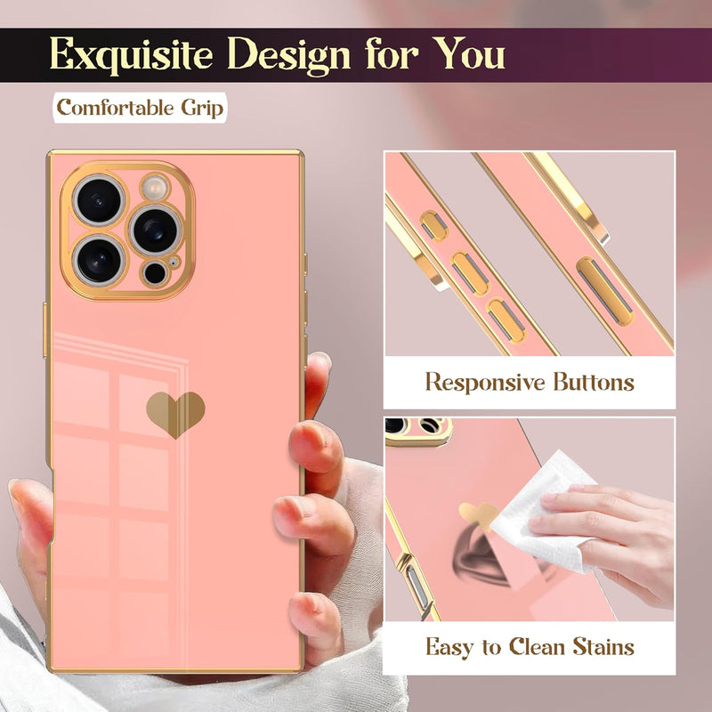 Case for iPhone 17 Pro Max - Rectangle Design, Full Camera Protection, Cute Heart Pattern, Electroplated Reinforced Corners, Shockproof Edge Bumper,Compatible with iPhone 17 Pro Max,Pink