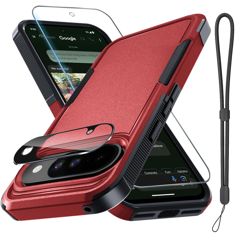 for Google Pixel 10 Pro XL Case with Wrist Lanyard Strap+Tempered Glass Screen Protector+Camera Lens Cover,Full Body Heavy Duty Rugged Shockproof Protective Phone Cover,Black Matte