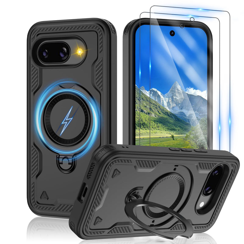 Gritup for Google Pixel 10 Pro XL Case：Compatible with MagSafe | with HD Screen Protector×2 | Metal Rotated Kickstand | Military Grade Drop Proof Protective | Anti-Fingerprint,Black