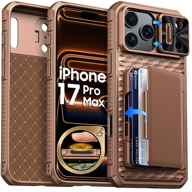 for iPhone 17 Pro Max Case Wallet, Built-in RFID Blocking Card Holder (4-5 Cards), Camera Control Button, Slide Camera Cover, Shockproof Rugged Silicone Phone Case for iPhone 17 Pro Max, Orange