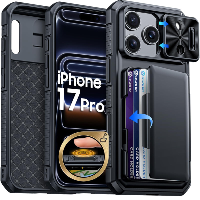 for iPhone 17 Pro Max Case Wallet, Built-in RFID Blocking Card Holder (4-5 Cards), Camera Control Button, Slide Camera Cover, Shockproof Rugged Silicone Phone Case for iPhone 17 Pro Max, Orange