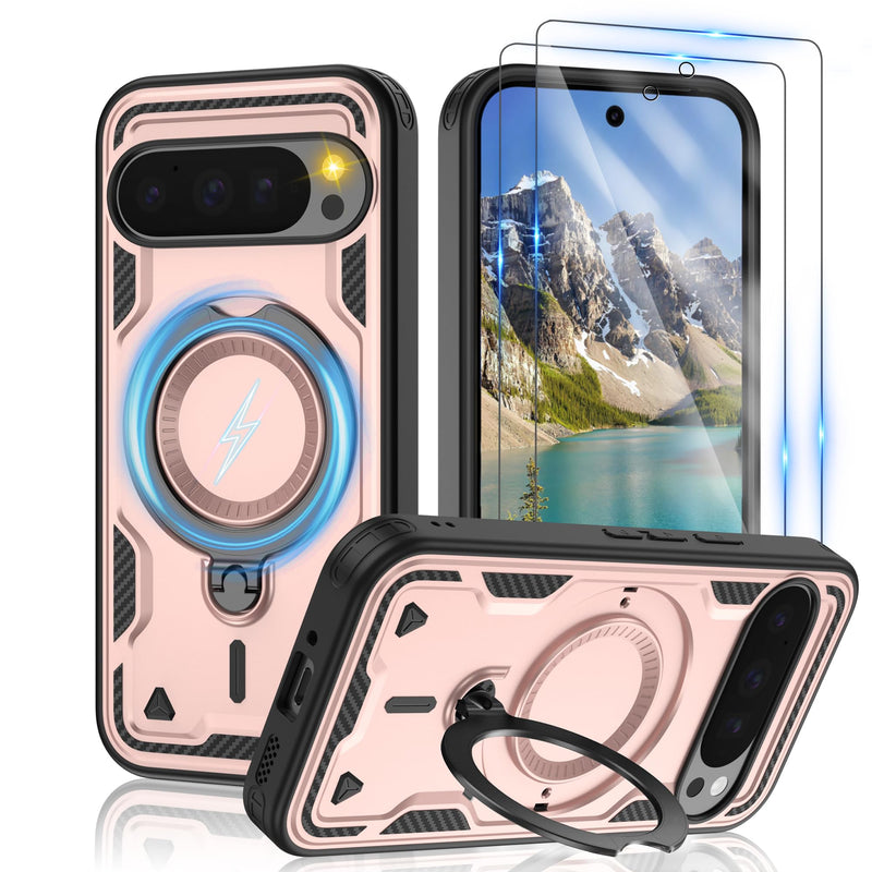 Gritup for Google Pixel 10 Pro XL Case：Compatible with MagSafe | with HD Screen Protector×2 | Metal Rotated Kickstand | Military Grade Drop Proof Protective | Anti-Fingerprint,Black