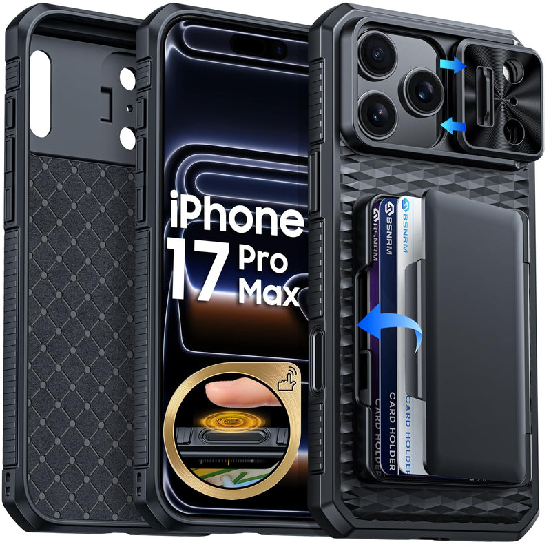for iPhone 17 Pro Max Case Wallet, Built-in RFID Blocking Card Holder (4-5 Cards), Camera Control Button, Slide Camera Cover, Shockproof Rugged Silicone Phone Case for iPhone 17 Pro Max, Orange