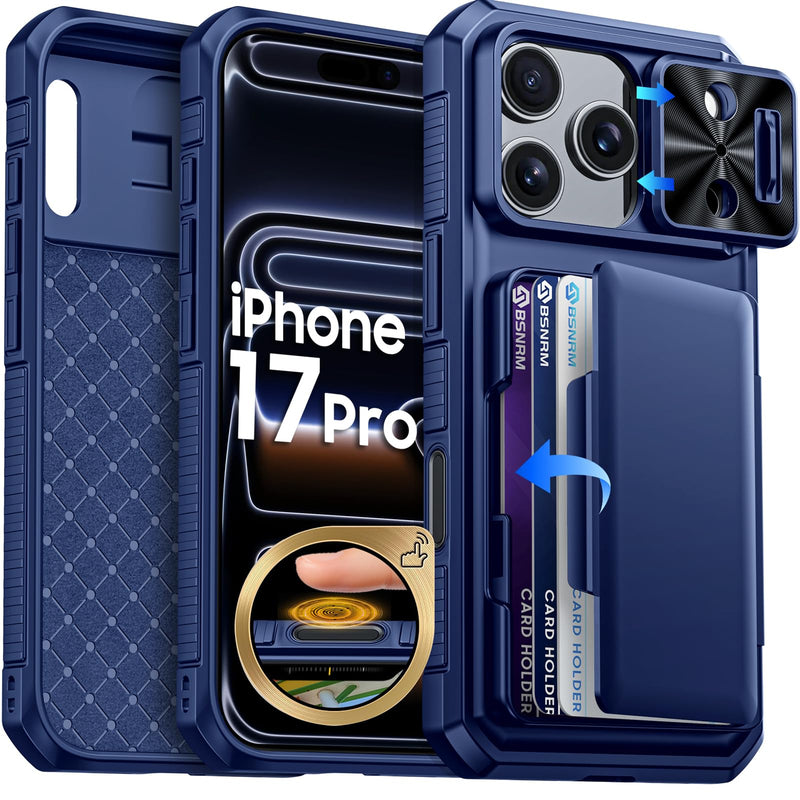 for iPhone 17 Pro Max Case Wallet, Built-in RFID Blocking Card Holder (4-5 Cards), Camera Control Button, Slide Camera Cover, Shockproof Rugged Silicone Phone Case for iPhone 17 Pro Max, Orange