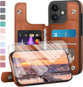 iPhone 16 Case Wallet Card Holder Case 2 Screen Protectors Folio Cove Cases 6.1" for Apple 16 Light Brown