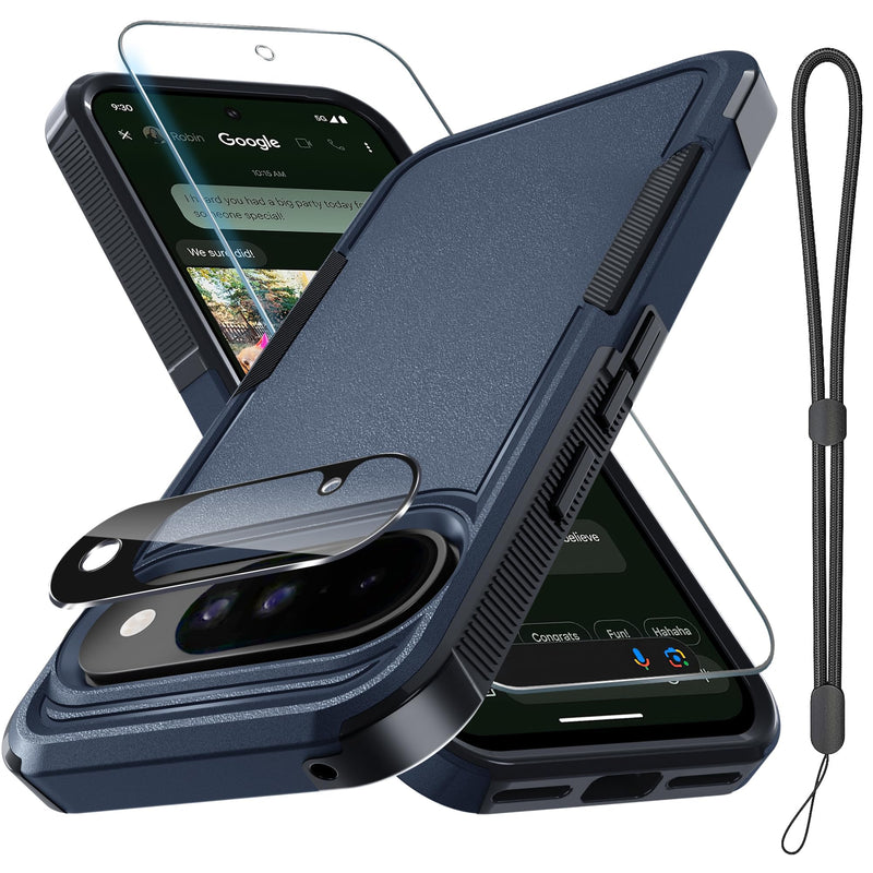 for Google Pixel 10 Pro XL Case with Wrist Lanyard Strap+Tempered Glass Screen Protector+Camera Lens Cover,Full Body Heavy Duty Rugged Shockproof Protective Phone Cover,Black Matte