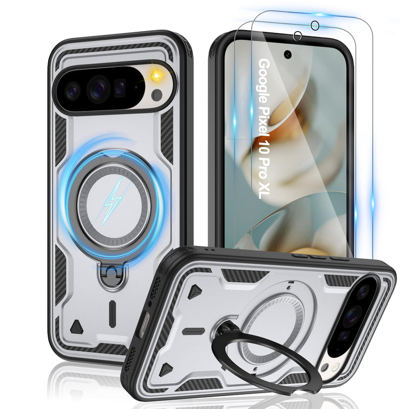 Gritup for Google Pixel 10 Pro XL Case：Compatible with MagSafe | with HD Screen Protector×2 | Metal Rotated Kickstand | Military Grade Drop Proof Protective | Anti-Fingerprint,Black