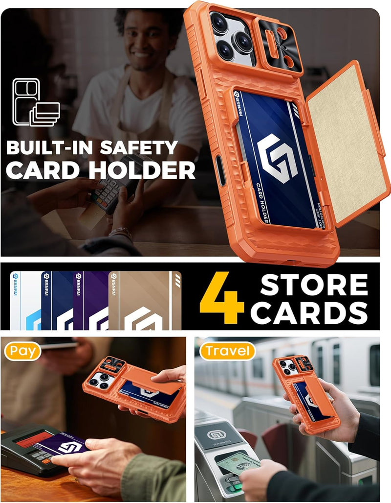 for iPhone 17 Pro Max Case Wallet, Built-in RFID Blocking Card Holder (4-5 Cards), Camera Control Button, Slide Camera Cover, Shockproof Rugged Silicone Phone Case for iPhone 17 Pro Max, Orange