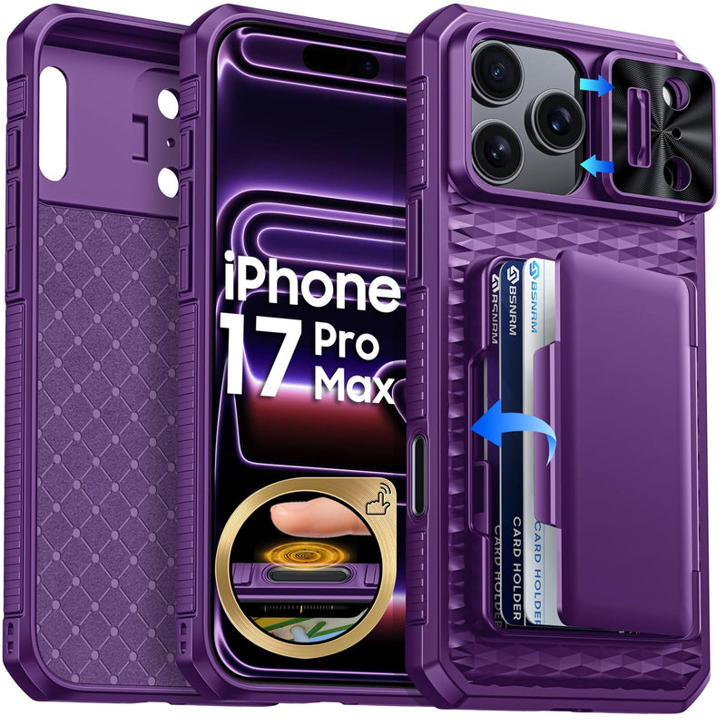 for iPhone 17 Pro Max Case Wallet, Built-in RFID Blocking Card Holder (4-5 Cards), Camera Control Button, Slide Camera Cover, Shockproof Rugged Silicone Phone Case for iPhone 17 Pro Max, Orange