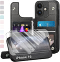 iPhone 16 Case Wallet Card Holder Case 2 Screen Protectors Folio Cove Cases 6.1" for Apple 16 Light Brown