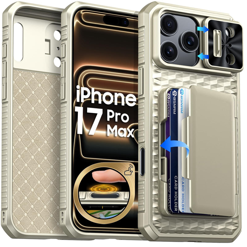 for iPhone 17 Pro Max Case Wallet, Built-in RFID Blocking Card Holder (4-5 Cards), Camera Control Button, Slide Camera Cover, Shockproof Rugged Silicone Phone Case for iPhone 17 Pro Max, Orange
