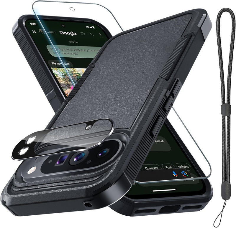 for Google Pixel 10 Pro XL Case with Wrist Lanyard Strap+Tempered Glass Screen Protector+Camera Lens Cover,Full Body Heavy Duty Rugged Shockproof Protective Phone Cover,Black Matte