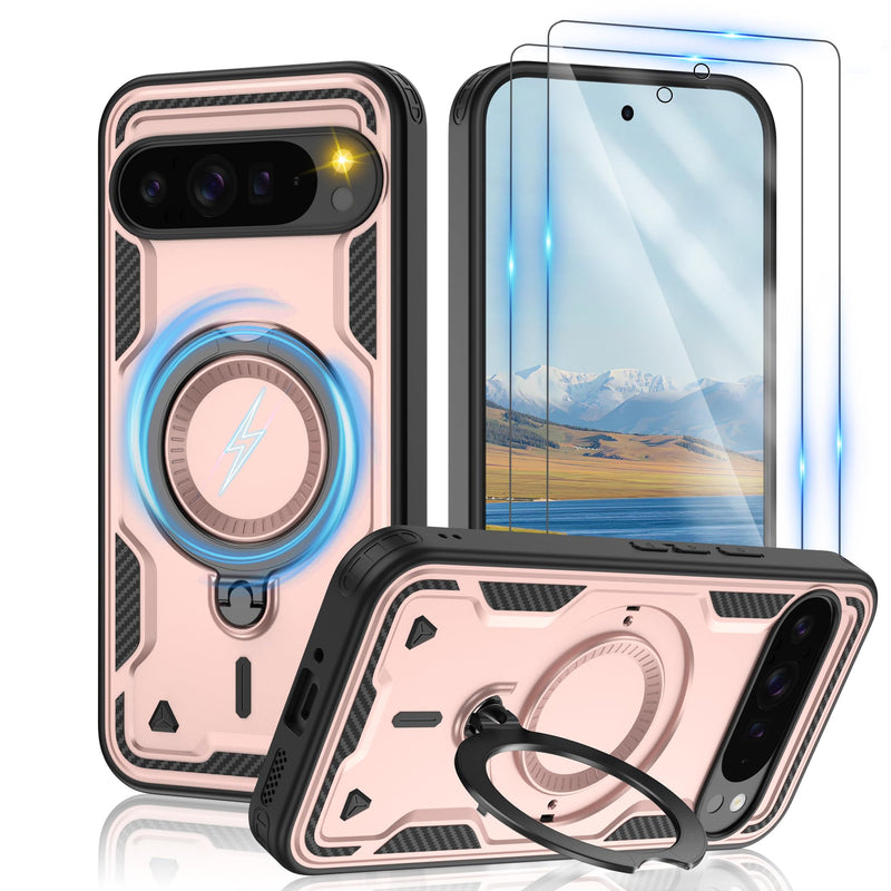 Gritup for Google Pixel 10 Pro XL Case：Compatible with MagSafe | with HD Screen Protector×2 | Metal Rotated Kickstand | Military Grade Drop Proof Protective | Anti-Fingerprint,Black