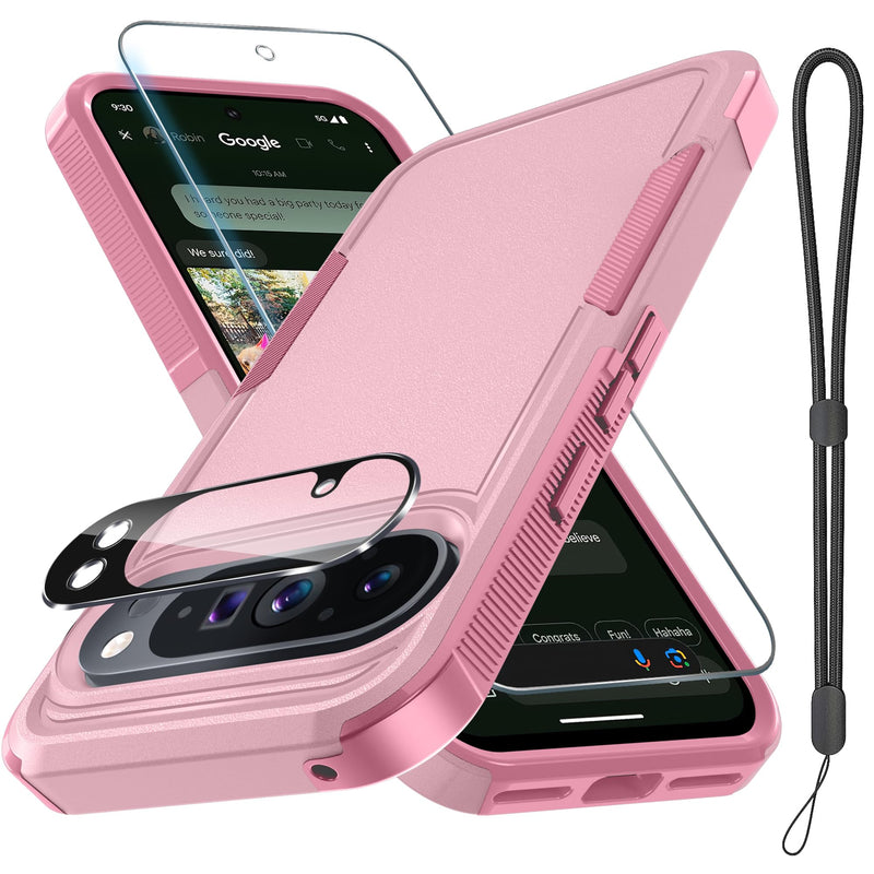 for Google Pixel 10 Pro XL Case with Wrist Lanyard Strap+Tempered Glass Screen Protector+Camera Lens Cover,Full Body Heavy Duty Rugged Shockproof Protective Phone Cover,Black Matte